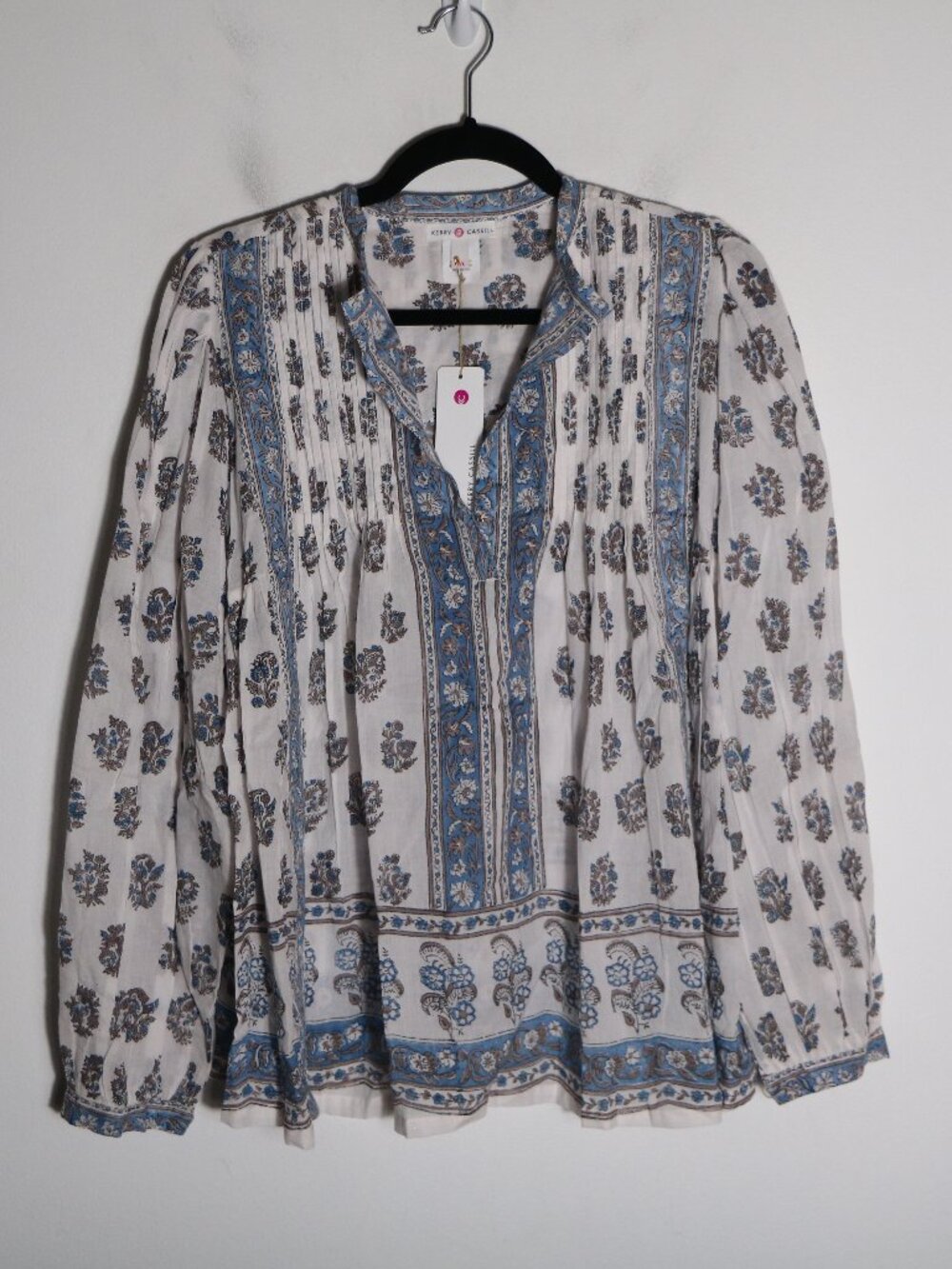 Kerry Cassill Cotton Pleated Paisley‎ Floral Blouse Womens M L Blue Boho Peasant